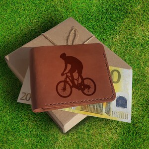 Bicycle Gifts, Personalized Leather Wallet, Engraved Custom Wallet, Slim Bifold Cute Wallet for Men, 1 Year Anniversary Gift for Boyfriend