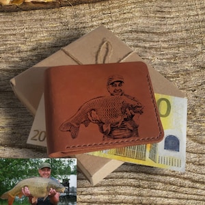 Personalized Leather Fisherman Wallet: Engraved Photo, Carp Fishing Gift