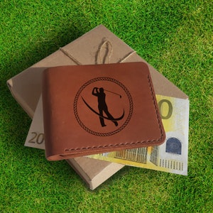 Monedero personalizado. Regalos de golf para hombres. Custom Bifold Slim Mens Cuero Delantero Bolsillo Bolsillo Bolsillo Bolsillo. Cartera de cuero pequeña de grano completo grabada