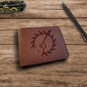 Billetera personalizada, regalos de guitarra, billetera de bolsillo frontal de cuero fino para hombres personalizada, billetera de cuero pequeña de grano completo grabada