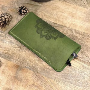 Handmade Green Leather Glasses Case: Mandala Design, Personalized Engraving