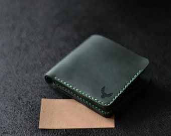 Cartera plegable de cuero verde: billetera delgada de grano completo hecha a mano con bolsillo para monedas