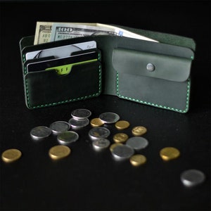 Green Leather Wallet. Personalized Minimalist Bifold Full Grain Leather Wallet for Men Custom Cute Slim Front Pocket Wallet with Coin Pocket