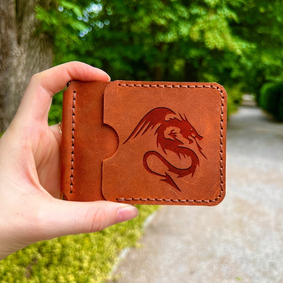 Engraved Money Clip Leather Wallet. Small Custom Thin Front 