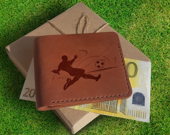 Cartera grabada. Personalizado Personalizado Full Grain Leather Mens Slim Bifold Compact Wallet. Regalo de fútbol. Mejor Regalo de Entrenador de Fútbol. Regalo de fútbol