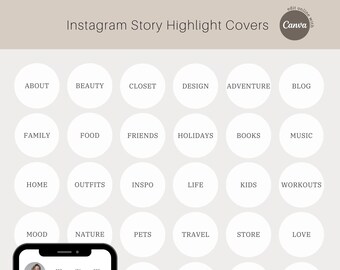 Könnte beinhalten: Ein Raster aus weißen Kreisen mit Textbeschriftungen für Instagram Story Highlight-Cover. Die Beschriftungen umfassen Kategorien wie "Über", "Beauty", "Kleiderschrank", "Design", "Abenteuer", "Blog", "Familie", "Essen", "Freunde", "Feiertage", "Bücher", "Musik", "Zuhause", "Outfits", "Inspo", "Leben", "Kinder", "Workouts", "Stimmung", "Natur", "Haustiere", "Reisen", "Laden", "Liebe", "Urlaub", "Hochzeit", "Interieur" und "Gesundheit".
