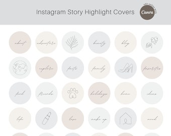 Könnte beinhalten: Ein Set mit 25 Instagram Story Highlight-Covern mit verschiedenen Symbolen und Text. Die Symbole sind im minimalistischen Stil gezeichnet und beinhalten ein Herz, einen Pfotenabdruck, einen Lippenstift, ein Haus und eine Pflanze. Der Text enthält Wörter wie "über", "Abenteuer", "Schönheit", "Blog", "Erkunden", "Favoriten", "Essen", "Freunde", "Urlaub", "Zuhause", "Ideen", "Leben", "Liebe", "Make-up", "Stimmung", "Pflanzen", "Zitate", "Haut" und "Reise".
