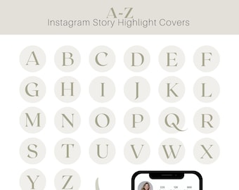 Könnte beinhalten: Ein Satz von 26 runden Instagram-Story-Highlight-Covern mit den Buchstaben des Alphabets in einer einfachen, modernen Schriftart auf hellgrünem Hintergrund. Die Buchstaben sind in alphabetischer Reihenfolge angeordnet.