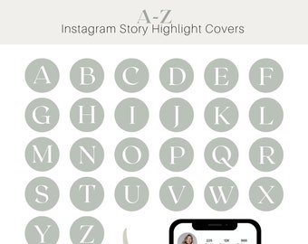 Könnte beinhalten: Ein Satz von 26 runden, hellgrünen Instagram-Story-Highlight-Covern mit weißen Buchstaben, die das Alphabet von A bis Z buchstabieren.