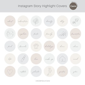 Könnte beinhalten: Ein Set mit 25 Instagram Story Highlight-Covern mit verschiedenen Symbolen und Text. Die Symbole sind im minimalistischen Stil gezeichnet und beinhalten ein Herz, einen Pfotenabdruck, einen Lippenstift, ein Haus und eine Pflanze. Der Text enthält Wörter wie "über", "Abenteuer", "Schönheit", "Blog", "Erkunden", "Favoriten", "Essen", "Freunde", "Urlaub", "Zuhause", "Ideen", "Leben", "Liebe", "Make-up", "Stimmung", "Pflanzen", "Zitate", "Haut" und "Reise".