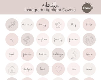Line Art Instagram Highlight Covers in Neutral Pink Blush Colors, Text Editable with Canva
