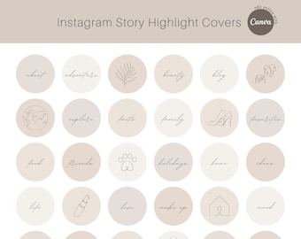 Line Art Instagram Highlight Covers in Neutral Beige Colors, Text Editable with Canva