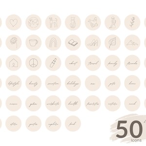 K&ouml;nnte beinhalten: Set mit 50 minimalistischen Line-Art-Icons f&uuml;r soziale Medien. Die Icons beinhalten Bilder von einer Rose, einem Herzen, einem Globus, einem Hund, einer Katze, einem Pferd, einer Frau, einem Blatt, einem Flugzeug, einem Pfotenabdruck, einem Haus, einem Friedenszeichen, einem Lippenstift, &uuml;ber, Reisen, Familie, Freunde, Fitness, Blog, Musik, Geschenke, Pasta, Erkunden, Essen und mehr. Die Icons sind in Schwarzwei&szlig; und auf einem beigefarbenen Hintergrund platziert.