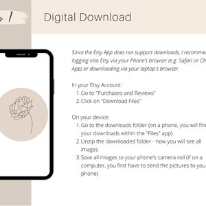 K&ouml;nnte beinhalten: Ein Smartphone-Bildschirm mit Anweisungen zum Herunterladen digitaler Dateien von Etsy. Die Anweisungen umfassen Schritte zum Herunterladen von Dateien sowohl auf einem Telefon als auch auf einem Computer.