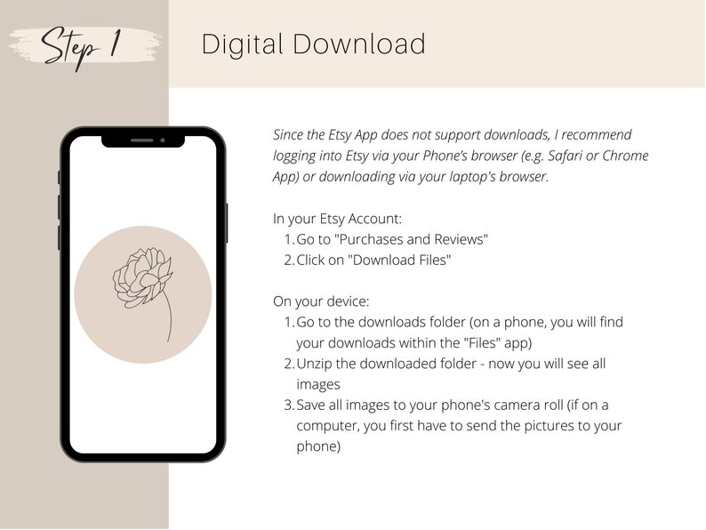 K&ouml;nnte beinhalten: Ein Smartphone-Bildschirm mit Anweisungen zum Herunterladen digitaler Dateien von Etsy. Die Anweisungen umfassen Schritte zum Herunterladen von Dateien sowohl auf einem Telefon als auch auf einem Computer.