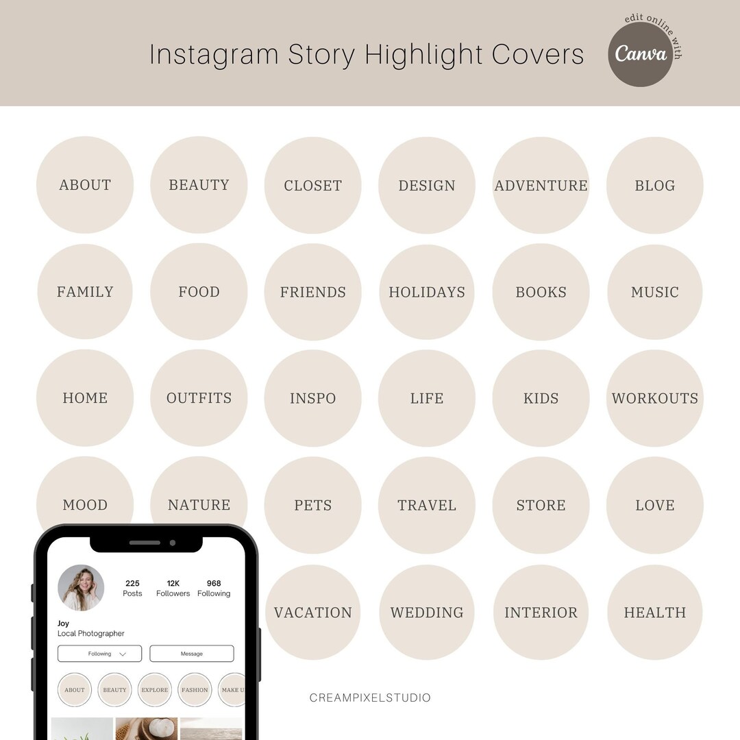 Editable Instagram Story Highlight Covers Beige Serif Words Icons for ...