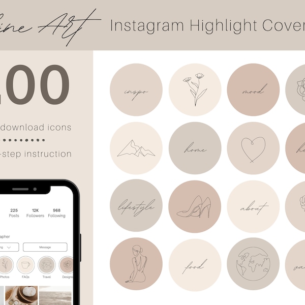 Instagram hoogtepunt covers lijntekeningen crème Instagram verhaal iconen pastel cover iconen voor sociale media beige
