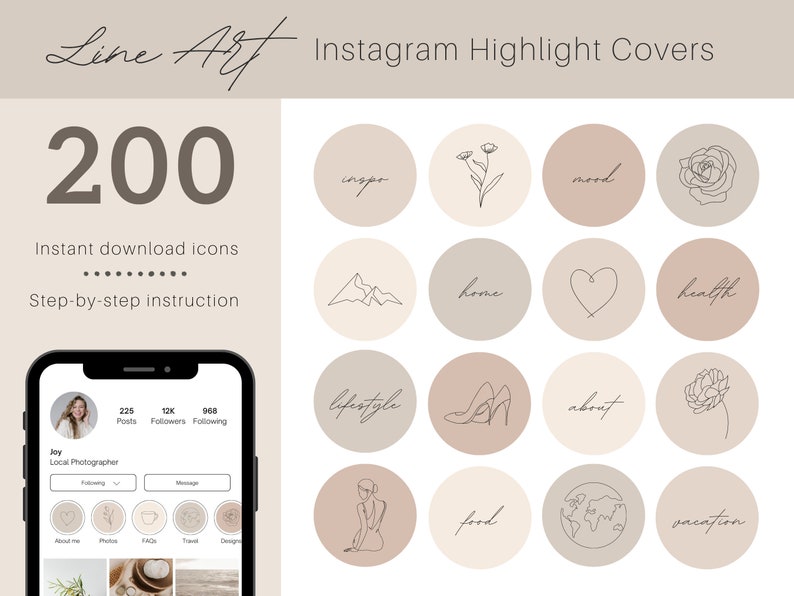 Instagram Highlight Covers Line Art Cream Instagram Story Icons Pastel ...