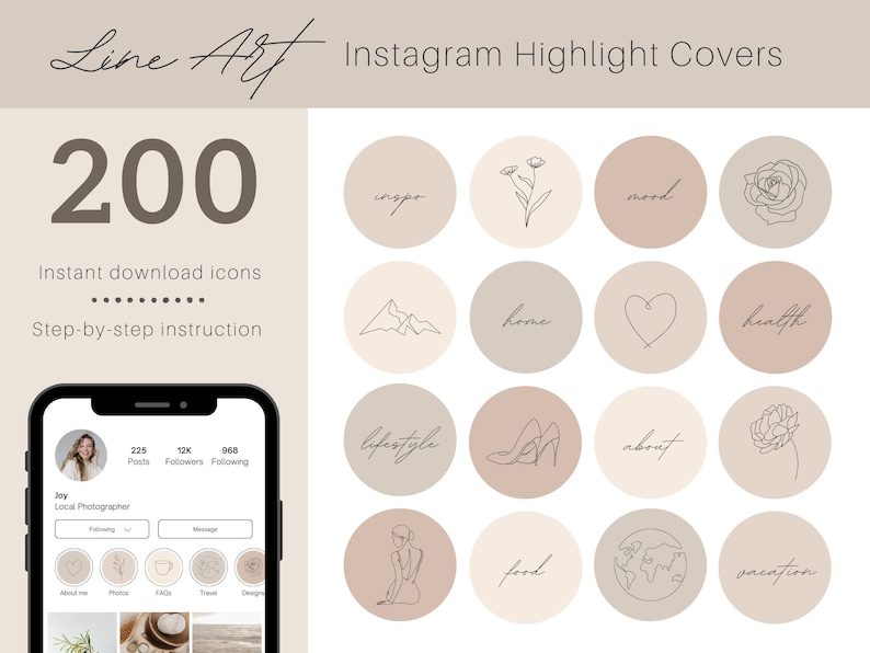K&ouml;nnte beinhalten: Eine digitale Illustration von 200 Instagram-Highlight-Covern mit Line-Art-Designs. Die Cover zeigen verschiedene Themen, darunter Inspiration, Stimmung, Zuhause, Gesundheit, Lifestyle, &Uuml;ber, Essen und Urlaub. Die Cover sind in einer neutralen Farbpalette aus Beige und Braun gehalten.