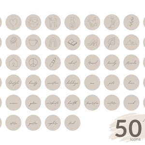 K&ouml;nnte beinhalten: Satz von 50 minimalistischen Line-Art-Icons f&uuml;r soziale Medien. Die Icons sind in einem hellen Braunton gehalten und zeigen verschiedene Designs, darunter ein Herz, eine Blume, eine Kaffeetasse, einen Regenbogen, ein Buch, einen Schuh, ein Blatt, ein Flugzeug, einen Pfotenabdruck, ein Haus, ein Friedenszeichen, einen Lippenstift, eine Reisetasche, eine Familie, einen Freund, ein Fitness-Symbol, einen Blog, eine Musiknote, ein Geschenk, ein Training, ein Gesundheitssymbol, einen Favoriten, eine Naturszene, eine Stimmung, eine Idee, ein Glaubenssymbol, einen Stern, ein Fragezeichen, ein Erkundungssymbol und ein Essenssymbol.