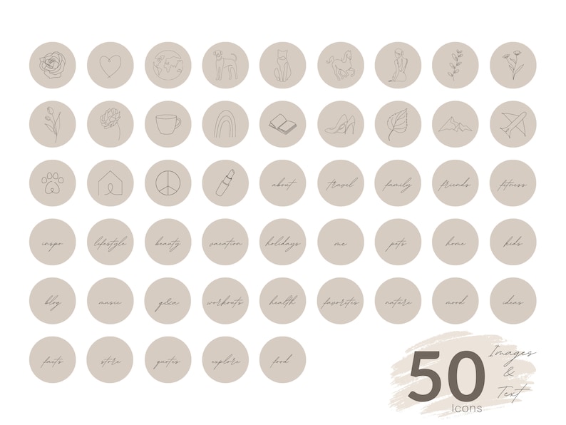 K&ouml;nnte beinhalten: Satz von 50 minimalistischen Line-Art-Icons f&uuml;r soziale Medien. Die Icons sind in einem hellen Braunton gehalten und zeigen verschiedene Designs, darunter ein Herz, eine Blume, eine Kaffeetasse, einen Regenbogen, ein Buch, einen Schuh, ein Blatt, ein Flugzeug, einen Pfotenabdruck, ein Haus, ein Friedenszeichen, einen Lippenstift, eine Reisetasche, eine Familie, einen Freund, ein Fitness-Symbol, einen Blog, eine Musiknote, ein Geschenk, ein Training, ein Gesundheitssymbol, einen Favoriten, eine Naturszene, eine Stimmung, eine Idee, ein Glaubenssymbol, einen Stern, ein Fragezeichen, ein Erkundungssymbol und ein Essenssymbol.