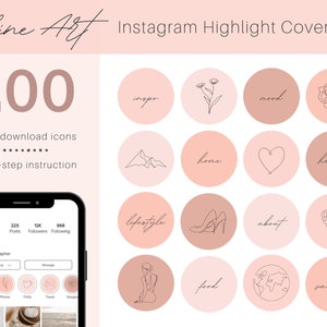 Könnte beinhalten: Ein Set mit 200 Instagram-Highlight-Covern mit Line-Art-Designs in Rosa- und Brauntönen. Die Designs umfassen Blumen, Herzen, Berge, einen Schuh, einen Globus und mehr.