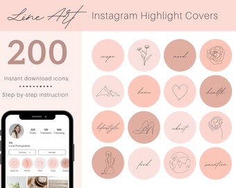 Könnte beinhalten: Ein Set mit 200 Instagram-Highlight-Covern mit Line-Art-Designs in Rosa- und Brauntönen. Die Designs umfassen Blumen, Herzen, Berge, einen Schuh, einen Globus und mehr.