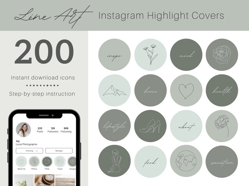 Instagram Highlight Covers Line Art Green Instagram Story Icons Sage