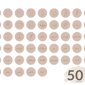K&ouml;nnte beinhalten: Set mit 50 minimalistischen Line-Art-Icons f&uuml;r soziale Medien. Die Icons sind in einem hellbraunen Farbton gehalten und zeigen verschiedene Designs, darunter eine Rose, ein Herz, ein Globus, eine Katze, ein Haus, ein Peace-Zeichen, einen Lippenstift, einen Regenbogen, ein Buch, einen Schuh, ein Blatt, ein Flugzeug, einen Pfotenabdruck und mehr.