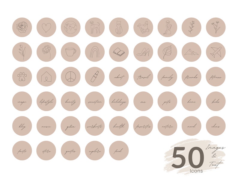 K&ouml;nnte beinhalten: Set mit 50 minimalistischen Line-Art-Icons f&uuml;r soziale Medien. Die Icons sind in einem hellbraunen Farbton gehalten und zeigen verschiedene Designs, darunter eine Rose, ein Herz, ein Globus, eine Katze, ein Haus, ein Peace-Zeichen, einen Lippenstift, einen Regenbogen, ein Buch, einen Schuh, ein Blatt, ein Flugzeug, einen Pfotenabdruck und mehr.