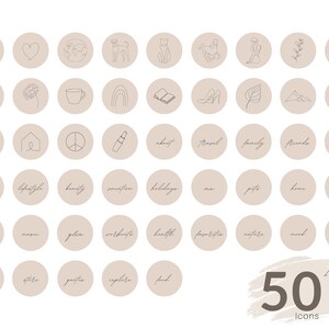K&ouml;nnte beinhalten: Satz von 50 minimalistischen Line-Art-Icons f&uuml;r soziale Medien. Die Icons sind in einem hellbraunen Farbton gehalten und zeigen verschiedene Designs, darunter ein Herz, eine Rose, eine Kaffeetasse, einen Regenbogen, ein Buch, einen Schuh, ein Blatt, einen Pfotenabdruck, ein Haus, ein Friedenszeichen, einen Lippenstift, ein Flugzeug und vieles mehr. Der Text "Bilder & Text" und "50 Icons" ist ebenfalls im Bild enthalten.