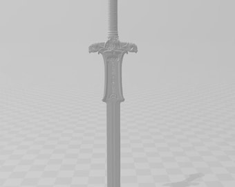 May include: A detailed, gray sword with an ornate hilt and crossguard. The hilt features a textured grip, and the crossguard has decorative elements. The blade is long and tapers to a point. The sword is a fantasy weapon.