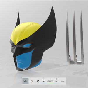 May include: A 3D printed model of Wolverine's mask, featuring a black and yellow design with blue facial details. The mask is shown with three silver claws.