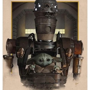Pode incluir: Um grande robô de metal enferrujado com uma cabeça redonda e uma pequena criatura alienígena verde sentada no cockpit. O robô tem uma cabeça grande, redonda e de metal com uma série de luzes e uma pequena janela redonda. A criatura alienígena está vestindo uma túnica marrom e tem grandes olhos redondos.