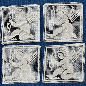 Four Antique Hand Made Filet Net Lace Insertions/Appliques