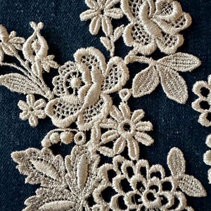 May include: Close-up of ivory floral lace. The lace features detailed designs of flowers and leaves, with a delicate, openwork pattern. The lace is set against a dark blue background, highlighting the intricate details.