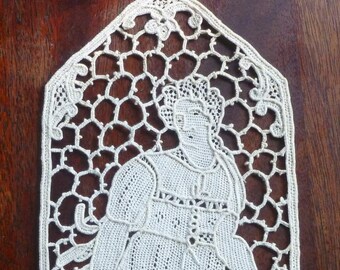 Antique Needle Lace Applique Lady With Basket