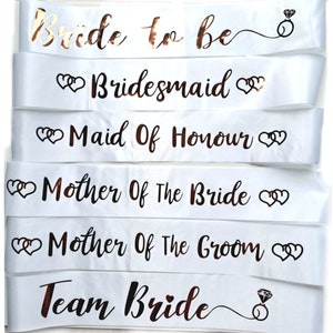 Bride To Be Satin Sash Hen Party Wedding White Rose Gold Bridal Sash