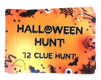 May include: Orange and black Halloween party game cards with the text "Halloween Hunt" and "12 Clue Hunt".