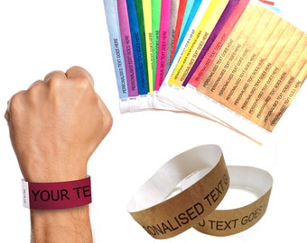 20 Personalised Paper Wristbands Custom Text Tyvek Bands Hen Stag Party Birthday Event Entry Gig Lockdown Garden Party