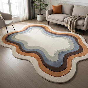 Multicolored Irregular Abstract Hand Tufted  Organic Shape Wool Area Rugs for Bedroom, Modern Wavy Pattern Layered Textured Living Room Rug
