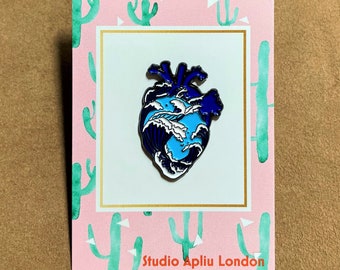 Premium Japanese Blue Kanagawa Wave in Heart Enamel Pin Badge patch brooch | Handmade | Made in London