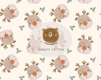 Watercolor Christmas Seamless Pattern, Rudolph, Winter, fayebdoodles