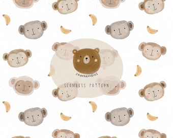 Aquarelle, motifs sans couture de singes, motif minimaliste neutre en matière de genre, fayebdoodles