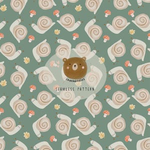 May include: A seamless pattern featuring light beige snails, small red and white mushrooms, and yellow leaves on a sage green background. A central circular overlay displays a brown bear face with the text "fayebdoodles" and "SEAMLESS PATTERN".