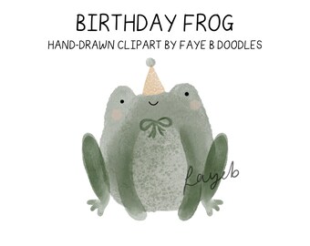 誕生日パーティーのカエル、水彩風のカラフルなイラスト。ケーキ、風船