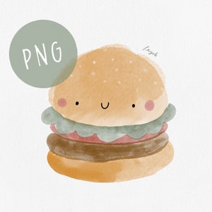 Cute Burger PNG, PNG for Sublimation, Hamburger png, Burger PNG, Watercolour, Cute Food Clipart, Food Clipart, Kawaii Food Clipart