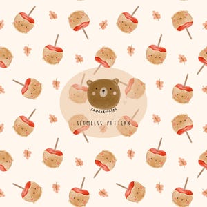 May include: A seamless pattern featuring watercolour illustrations of caramel apples with smiling faces and small orange leaves on a light cream background. A central circular badge displays a brown bear face with the text layebdoodles SEAMLESS PATTERN.