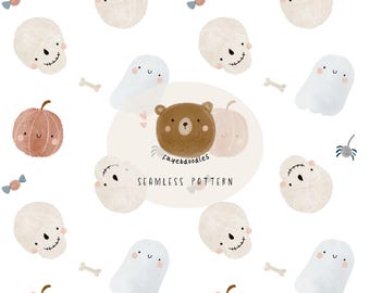 Cute Halloween seamless pattern, Neutral Halloween, Seamless Ghost Pattern, Non-Exclusive, White background, Cute Halloween Pattern