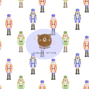May include: A seamless pattern featuring watercolor illustrations of nutcrackers in blue, red, and green uniforms on a white background. A central light purple circle displays a brown bear illustration with the text "fayebdoodles SEAMLESS PATTERN".